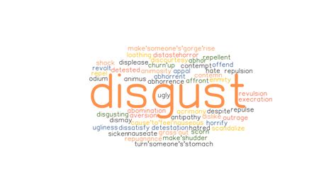 Synonyms for disgusting include revolting, distasteful, foul, repellent, sickening, gross, nasty, nauseating, obnoxious and odious. . Disgust synonym